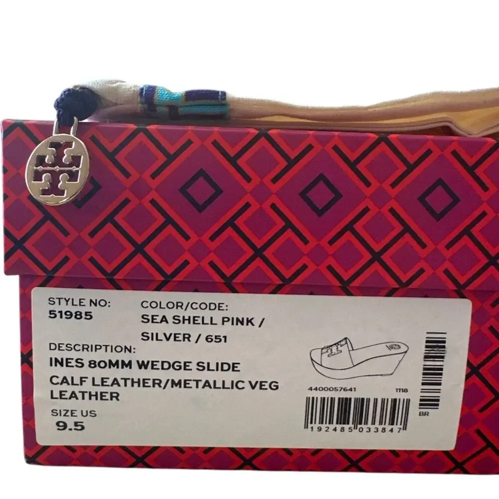 Tory Burch Ines‎ 80mm Wedge Slides Pink Silver Logo Sandals 9.5